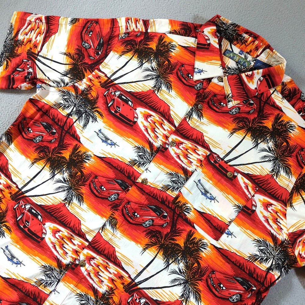 Campia Button Down Shirt Mens XL Orange Red Tropical Sports Car Rayon Stretch‎